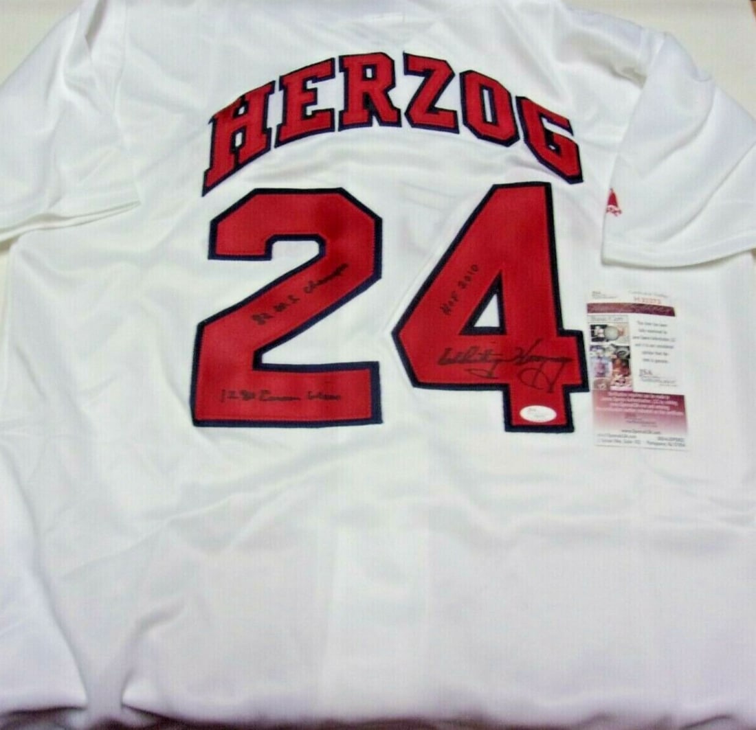 Signed Whitey Herzog Cardinals Majestic Jersey JSA COA HOF: Signed Whitey Herzog Cardinals Majestic Jersey JSA COA HOF This is an official licensed Majestic St. Louis Cardinals jersey, signed by Hall of Famer Whitey Herzog. The jersey features red lettering wi