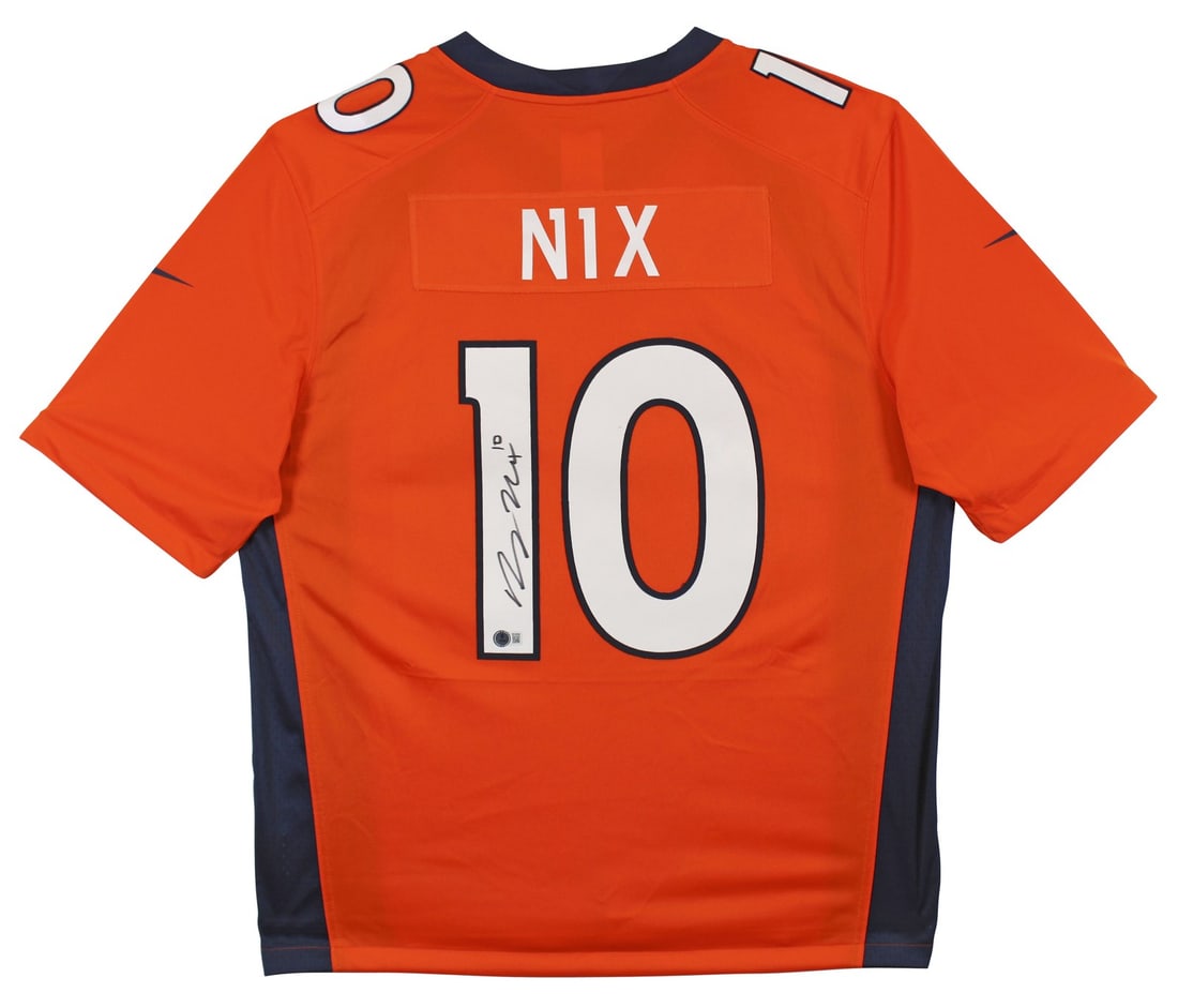 Bo Nix Signed Denver Broncos Orange Nike Limited Jersey Beckett Witnessed: Bo Nix Signed Denver Broncos Orange Nike Limited Jersey Beckett Witnessed Authentic signed orange Nike Limited jersey featuring Bo Nix of the Denver Broncos. This original autographed jersey is authen