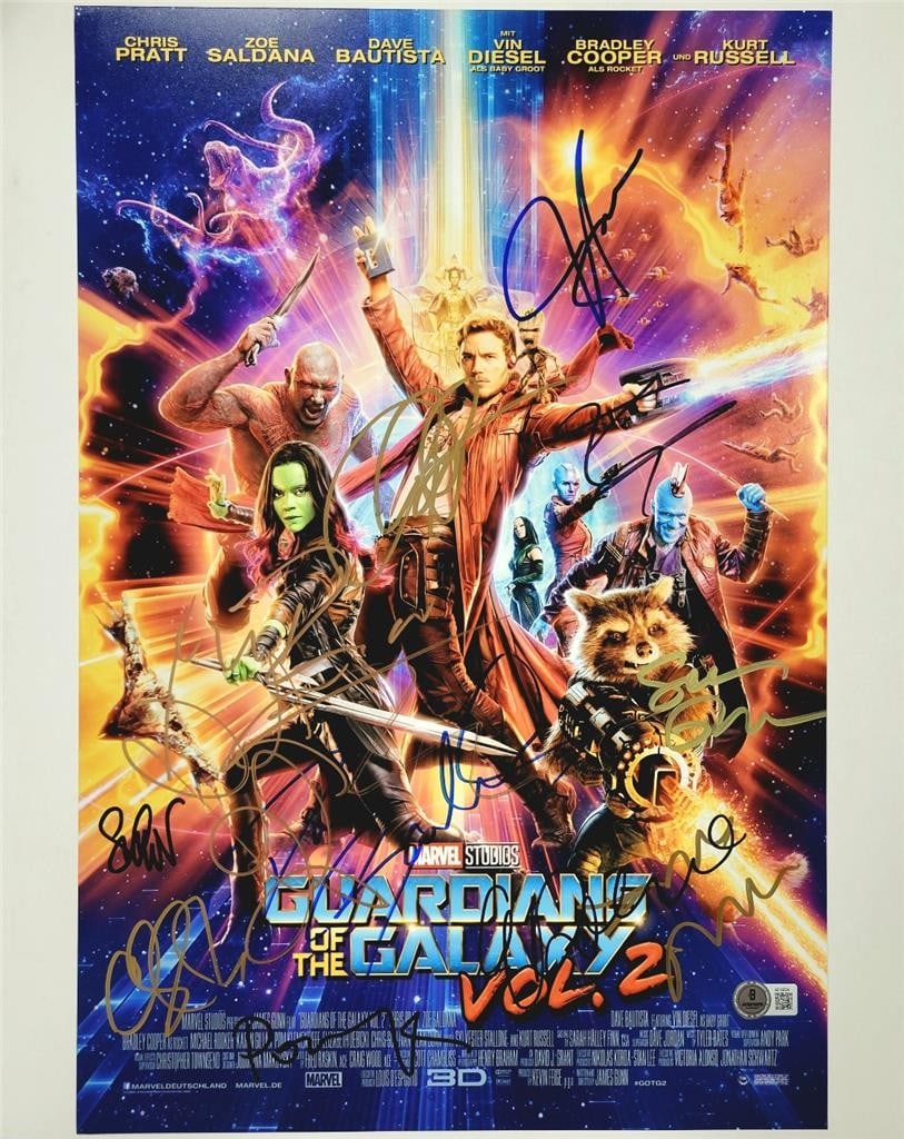 12x18 photo with Guardians of the Galaxy cast signatures authenticated by Beckett: 12x18 photo with Guardians of the Galaxy cast signatures authenticated by Beckett This is an original 12x18 photograph signed by 12 cast members of Guardians of the Galaxy, including Chris Pratt and V