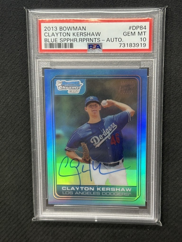 Clayton Kershaw 2013 Bowman Blue Sapphire Auto Reprint PSA 10 #DP84: Clayton Kershaw 2013 Bowman Blue Sapphire Auto Reprint PSA 10 #DP84 Celebrate the legacy of Clayton Kershaw with this stunning 2013 Bowman Blue Sapphire Auto Reprint Baseball Card. Graded a perfect PS