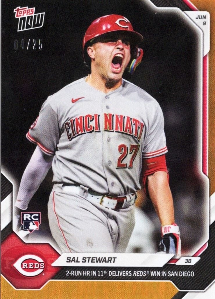 Topps Now 2026 Sal Stewart #309 Orange Foil Rookie Card /25: Topps Now 2026 Sal Stewart #309 Orange Foil Rookie Card /25 2026 Topps Now Sal Stewart #309 Orange Foil rookie baseball card featuring Cincinnati Reds player Sal Stewart. This pre-owned sports trading