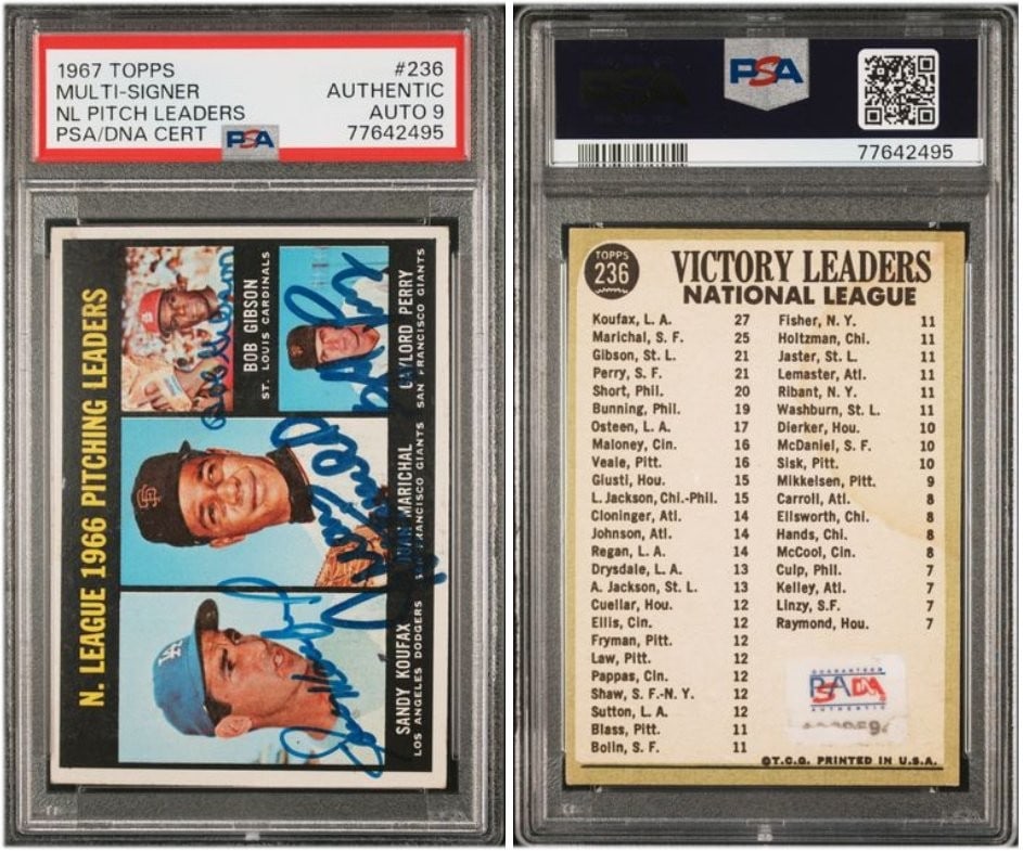 1966 Topps Baseball Card #236 PSA 9 Koufax Gibson Marichal Perry: 1966 Topps Baseball Card #236 PSA 9 Koufax Gibson Marichal Perry This is a 2019 Topps Chrome baseball card featuring Sandy Koufax, Bob Gibson, Juan Marichal, and Gaylord Perry. The card is numbered 23