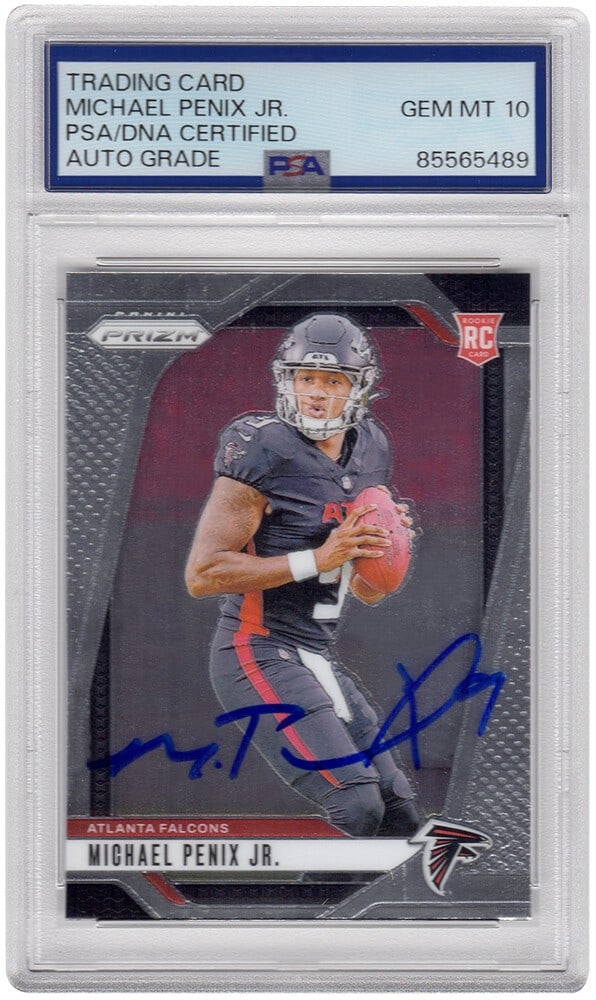 Michael Penix Jr Signed 2024 Prizm RC Card #378 PSA Auto 10: Michael Penix Jr Signed 2024 Prizm RC Card #378 PSA Auto 10 This is a signed rookie football trading card of Michael Penix Jr. from the Atlanta Falcons, featuring card #378 from the 2024 Panini Prizm 
