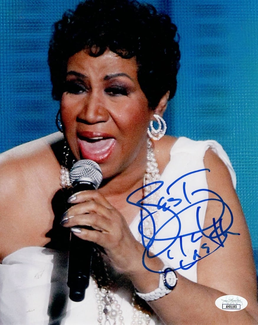 Aretha Franklin Autographed 8X10 Photo JSA Certified Legendary Singer: Aretha Franklin Autographed 8X10 Photo JSA Certified Legendary Singer Celebrate the legacy of the Queen of Soul with this authentic 8x10 photograph signed by Aretha Franklin. This iconic piece feature