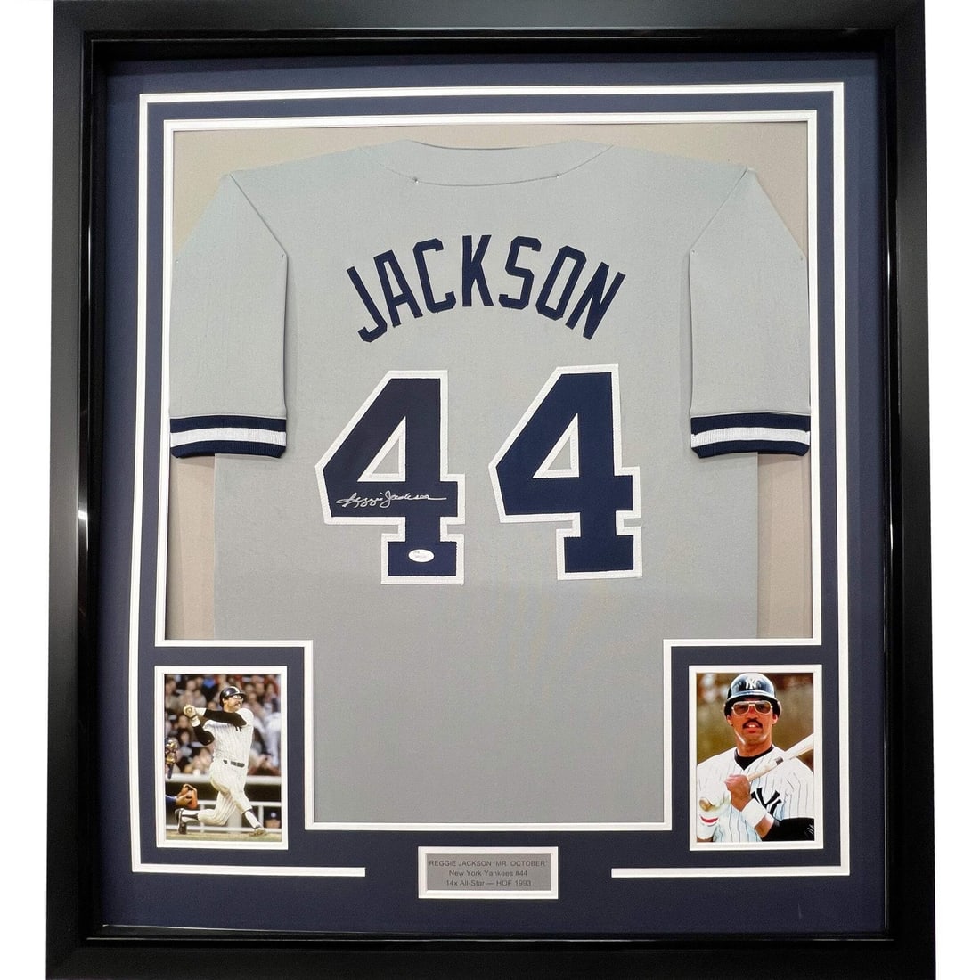 Framed Signed Reggie Jackson Yankees Jersey 33x42 JSA Authenticated: Framed Signed Reggie Jackson Yankees Jersey 33x42 JSA Authenticated Showcase your admiration for baseball legend Reggie Jackson with this professionally framed autographed New York Yankees grey jersey
