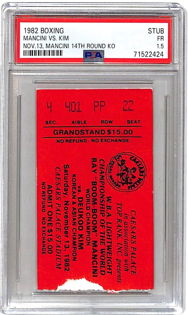 1982 Duk-Koo Kim vs Ray Mancini Boxing Ticket Stub PSA Authenticated: 1982 Duk-Koo Kim vs Ray Mancini Boxing Ticket Stub PSA Authenticated This is a vintage boxing ticket stub from the highly publicized match between Duk-Koo Kim and Ray 'Boom Boom' Mancini that took pla
