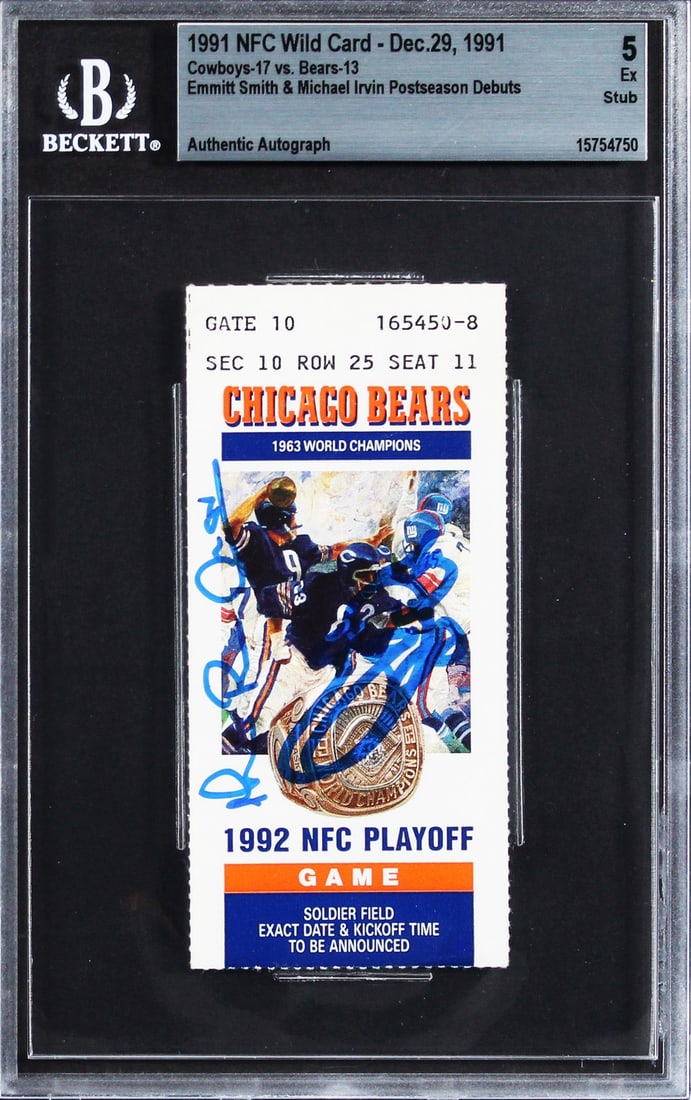 Emmitt Smith Michael Irvin Signed 1991 NFC Wild Card Ticket Stub Graded 5 Beckett (1 of 2)