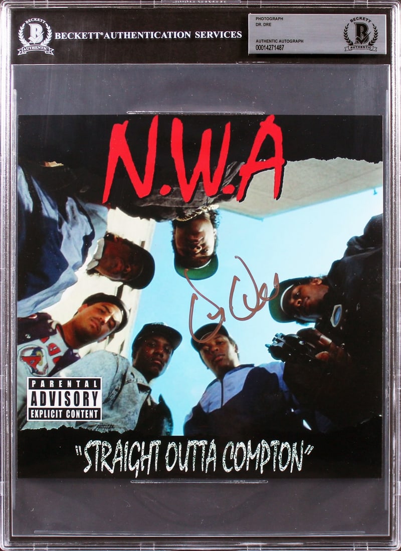 Beckett slabbed Dr Dre signed NWA 8x8 album flat photo: Beckett slabbed Dr Dre signed NWA 8x8 album flat photo This 8x8 album flat photo has been personally signed by Dr. Dre of N.W.A. The autograph is authenticated and encapsulated by Beckett Authenticati