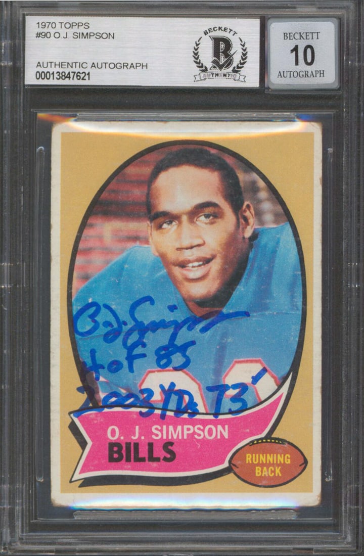 O.J. Simpson Signed 1970 Topps #90 Football Card With Two Inscriptions Graded 10 BAS: O.J. Simpson Signed 1970 Topps #90 Football Card With Two Inscriptions Graded 10 BAS This 1970 Topps #90 football card features O.J. Simpson of the Buffalo Bills and has been personally signed by Simp