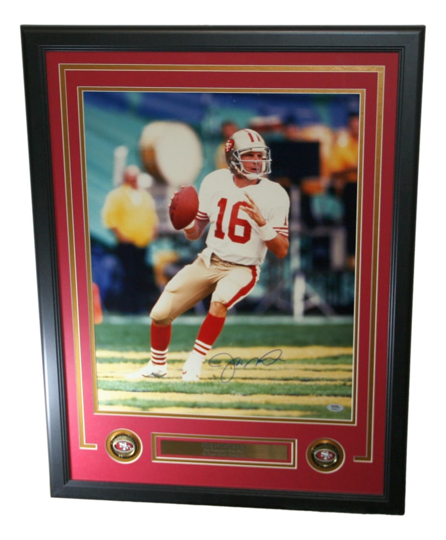 Framed 16x20 Photo Signed by Joe Montana with PSA Authentication: Framed 16x20 Photo Signed by Joe Montana with PSA Authentication This is a framed 16x20 photo of Joe Montana, featuring his autograph and representing the San Francisco 49ers. The autograph has been a