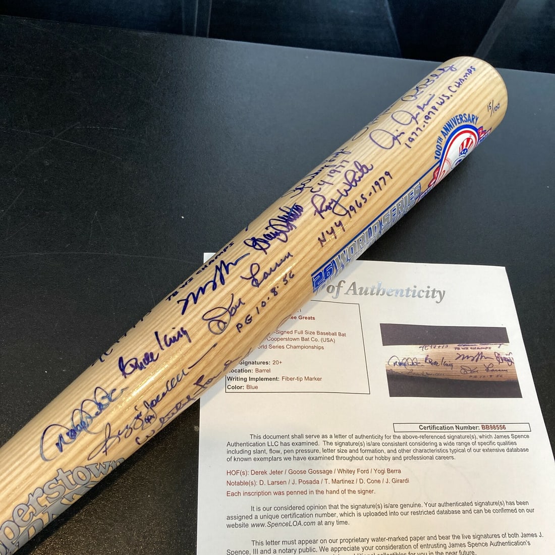 Yankees 100th Anniversary Bat Signed by 24 Legends JSA Authenticated: Yankees 100th Anniversary Bat Signed by 24 Legends JSA Authenticated This New York Yankees 100th Anniversary commemorative bat is signed by 24 legendary players, including Hall of Famers Reggie Jackso