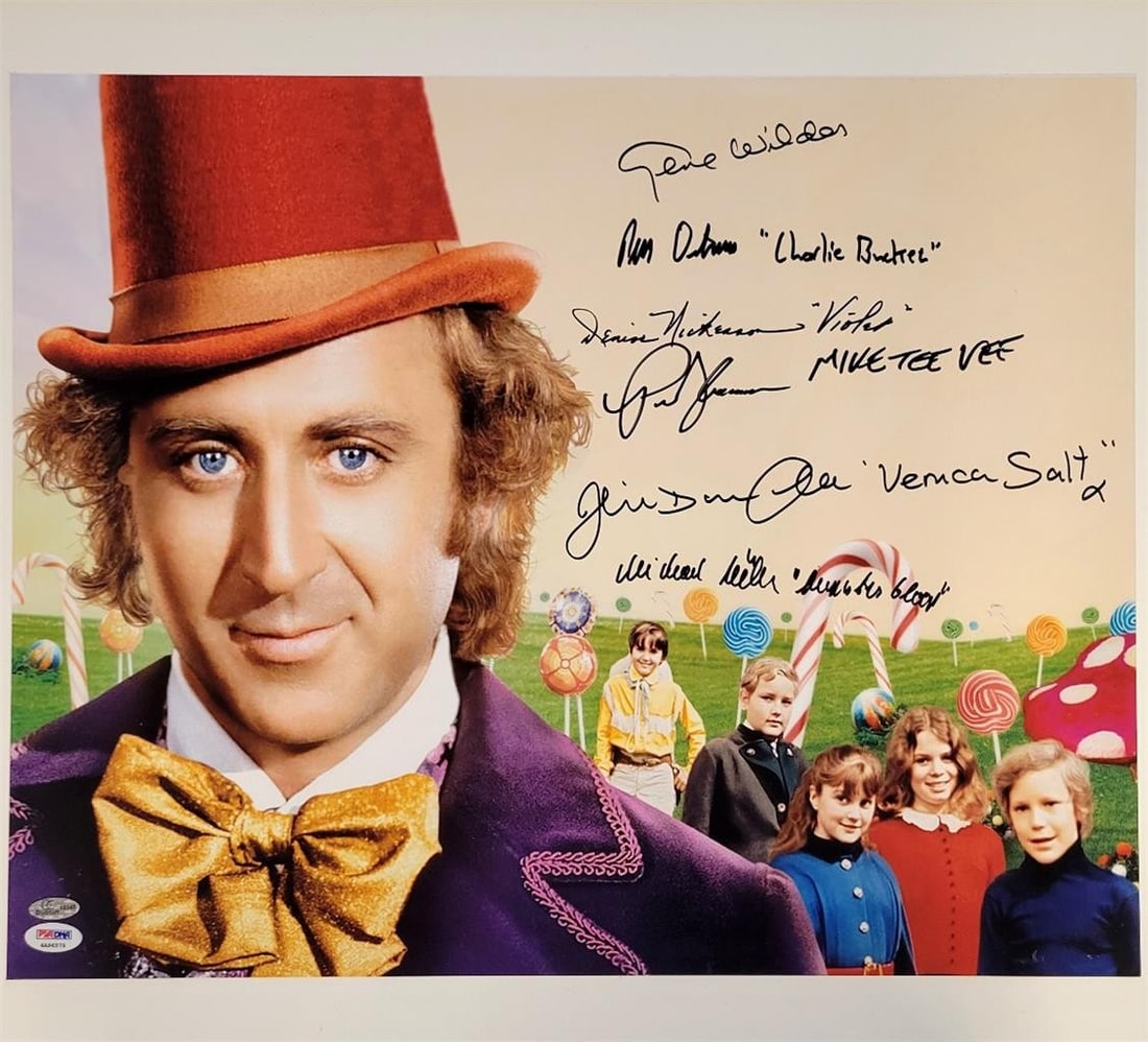 16x20 Willy Wonka Cast Photo Signed by Gene Wilder and 5 Others PSA Authenticated: 16x20 Willy Wonka Cast Photo Signed by Gene Wilder and 5 Others PSA Authenticated This original 16x20 photo features six autographs, including Gene Wilder and members of the Willy Wonka kids cast. Aut