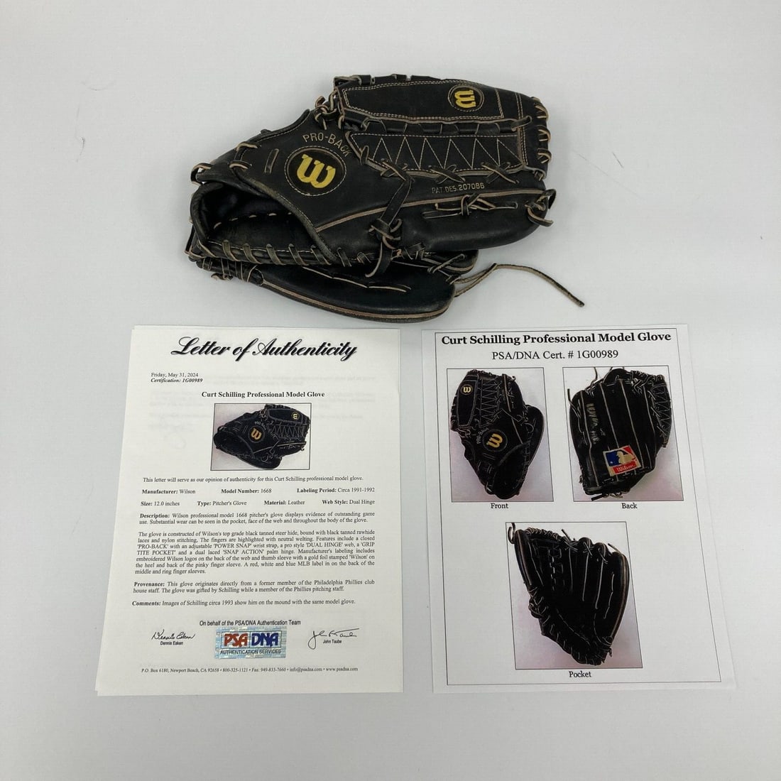 Curt Schilling 1991 Game Used Wilson 1668 Baseball Glove PSA DNA COA: Curt Schilling 1991 Game Used Wilson 1668 Baseball Glove PSA DNA COA This authentic game-used glove was utilized by legendary pitcher Curt Schilling during the 1991-1992 MLB seasons. Crafted by Wilson