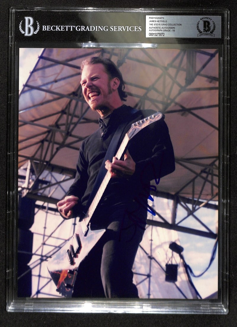 James Hetfield Metallica Signed 8x10 Photo AUTO 10 Beckett Slab: James Hetfield Metallica Signed 8x10 Photo AUTO 10 Beckett Slab This is an original autographed color 8x10 photograph of James Hetfield from Metallica, signed in blue permanent marker. The autograph h