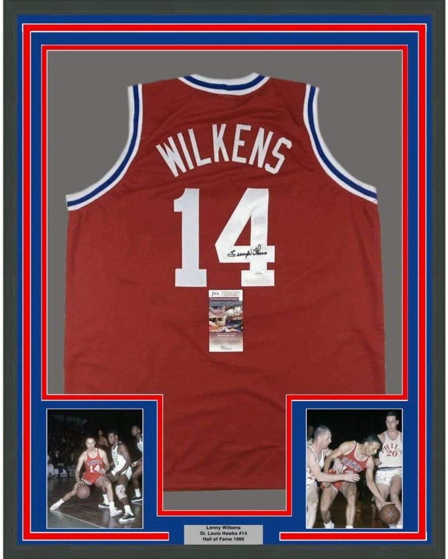 Framed Autographed Lenny Wilkens Jersey 33x42 JSA COA NBA Atlanta Hawks: Framed Autographed Lenny Wilkens Jersey 33x42 JSA COA NBA Atlanta Hawks This framed, autographed jersey features Lenny Wilkens, a notable player in the NBA. The jersey, measuring 33" x 42", comes in a