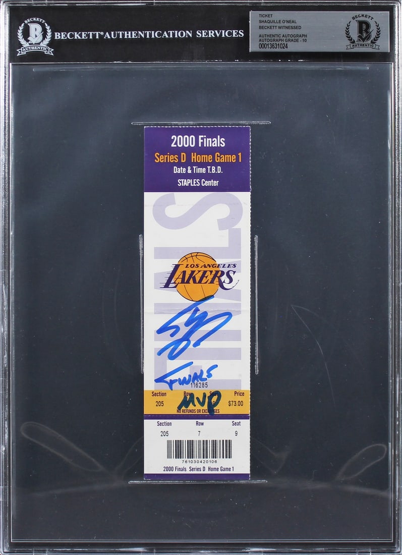 Shaquille O'Neal Signed 2000 Finals Game 1 Ticket Stub Auto 10 Beckett: Shaquille O'Neal Signed 2000 Finals Game 1 Ticket Stub Auto 10 Beckett This is an original ticket stub from Game 1 of the 2000 NBA Finals, personally signed by Shaquille O'Neal, who famously led the L