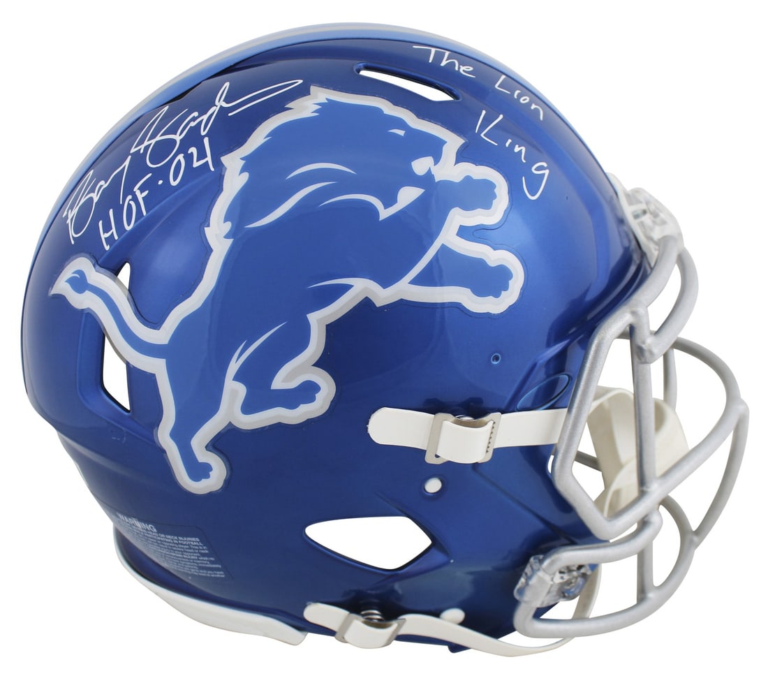 Barry Sanders Signed Detroit Lions Flash Helmet with HOF 04 Inscription BAS Authenticated: Barry Sanders Signed Detroit Lions Flash Helmet with HOF 04 Inscription BAS Authenticated This autographed Detroit Lions Flash Full Size Speed Proline Helmet has been personally signed by football leg
