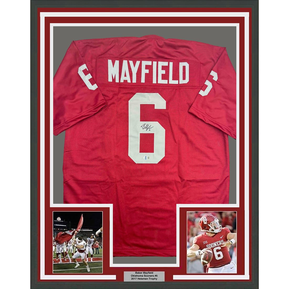 35x39 Framed Baker Mayfield Signed Oklahoma Sooners Red Jersey Beckett COA: 35x39 Framed Baker Mayfield Signed Oklahoma Sooners Red Jersey Beckett COA Professionally framed and matted Oklahoma red jersey signed by Baker Mayfield. This original autographed piece comes with Bec