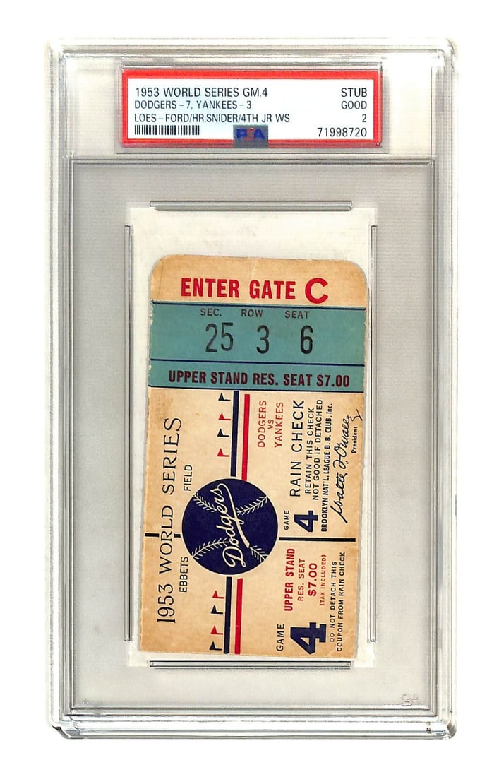 1953 World Series Game 4 Ticket PSA 2 Yankees Dodgers Duke Snider: 1953 World Series Game 4 Ticket PSA 2 Yankees Dodgers Duke Snider Own a piece of baseball history with this original ticket from Game 4 of the 1953 World Series, featuring a match-up between the New Y