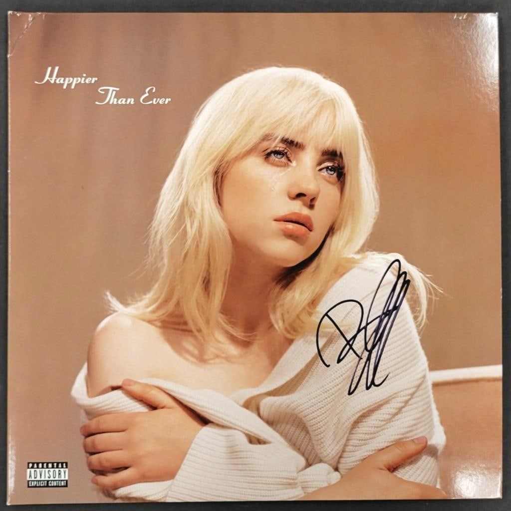 Signed Happier Than Ever Album Cover by Billie Eilish with PSA Authentication: Signed Happier Than Ever Album Cover by Billie Eilish with PSA Authentication This is an original vinyl album cover for Billie Eilish's 'Happier Than Ever,' personally signed by Billie Eilish. The aut