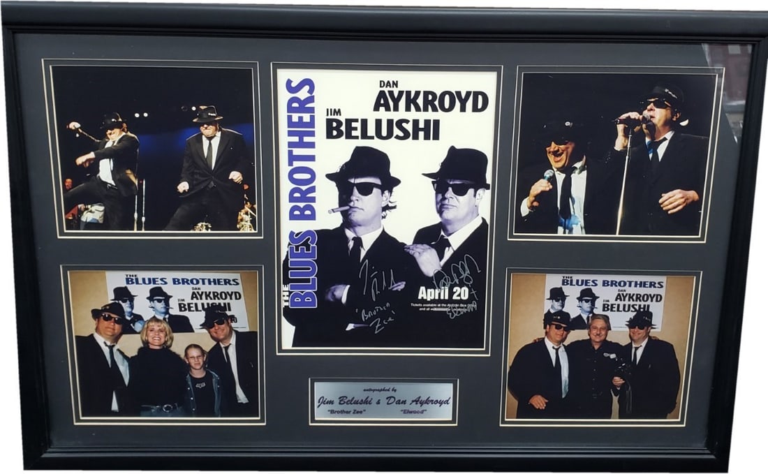 Beckett Authenticated Blues Brothers 8x10 Photo Signed by Akroyd and Belushi: Beckett Authenticated Blues Brothers 8x10 Photo Signed by Akroyd and Belushi This is a custom-framed 8x10 photograph featuring dual autographs from Dan Akroyd and Jim Belushi, stars associated with th