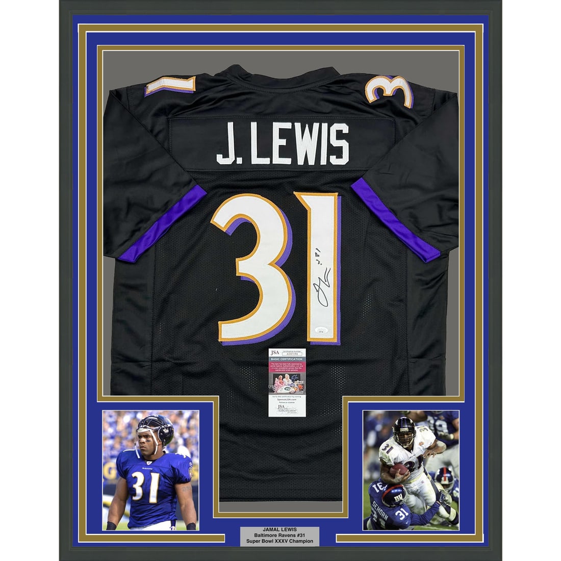 Jamal Lewis signed framed Baltimore Ravens black jersey JSA COA 35x39: Jamal Lewis signed framed Baltimore Ravens black jersey JSA COA 35x39 This professionally framed display features a black Baltimore Ravens jersey autographed by Jamal Lewis. The jersey is authenticate