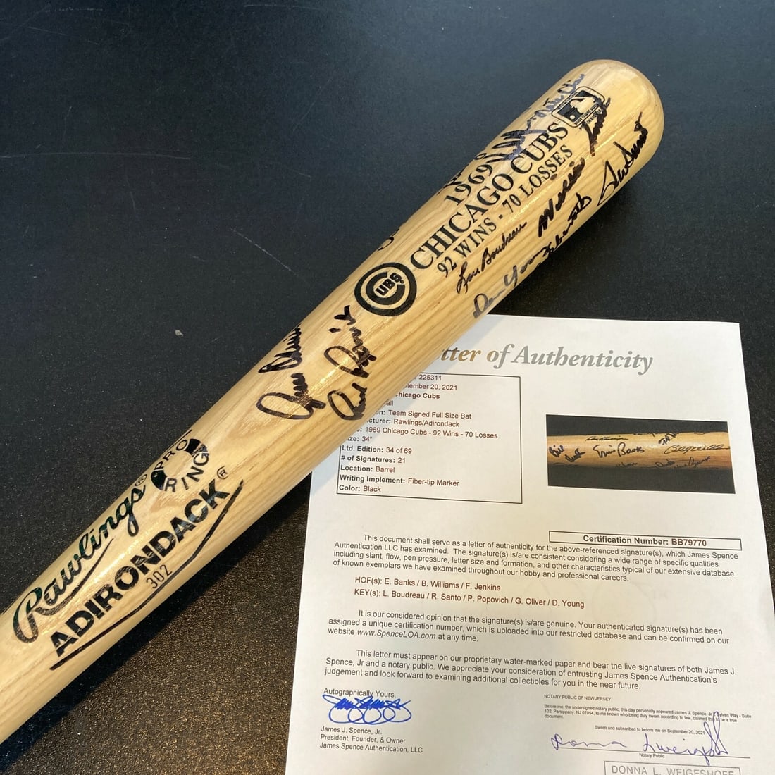 1969 Chicago Cubs Special Edition Bat with 21 Autographs Including Ernie Banks JSA: 1969 Chicago Cubs Special Edition Bat with 21 Autographs Including Ernie Banks JSA This is a special edition baseball bat signed by 21 members of the 1969 Chicago Cubs team, including Ernie Banks and 