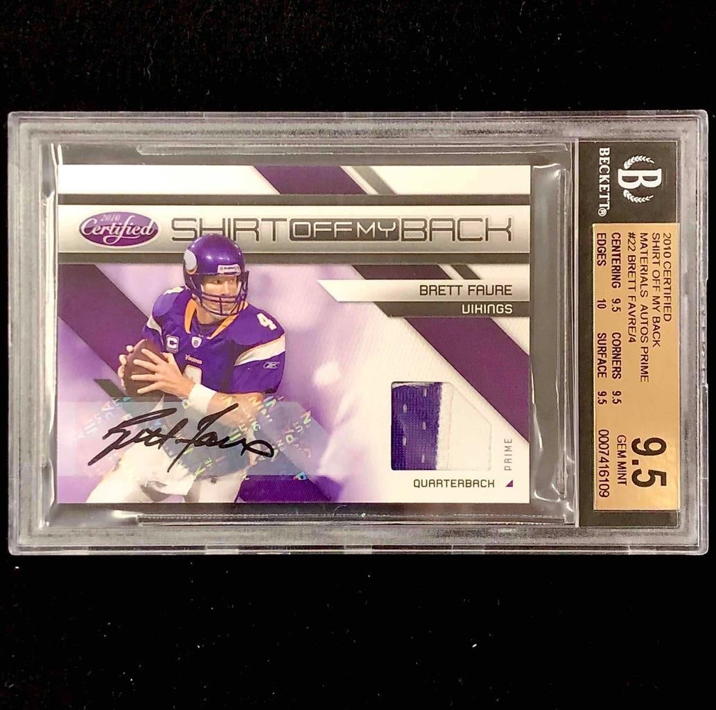 2010 Certified Brett Favre Autographed Patch Card /4 BGS 9.5 Panini Authentic: 2010 Certified Brett Favre Autographed Patch Card /4 BGS 9.5 Panini Authentic This 2010 Certified Brett Favre autograph patch shirt off my back card is a must-have for any football fan and collector. 