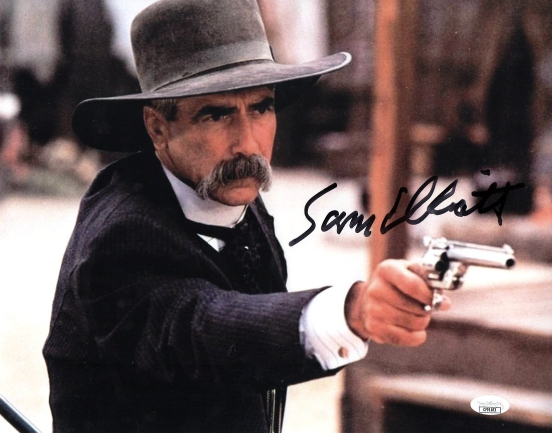 Sam Elliott Autographed 11x14 Photo Tombstone JSA Certified: Sam Elliott Autographed 11x14 Photo Tombstone JSA Certified This stunning 11x14 photograph features a striking image of Sam Elliott, renowned actor known for his roles in classic Westerns. The photo h