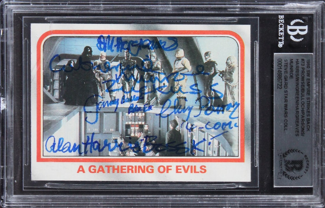 Beckett slabbed Star Wars ESB 1980 card #73 signed by 7 with inscriptions: Beckett slabbed Star Wars ESB 1980 card #73 signed by 7 with inscriptions Autographed 1980 Star Wars ESB #73 card, slabbed and authenticated by Beckett Authentication Services. The card is described a