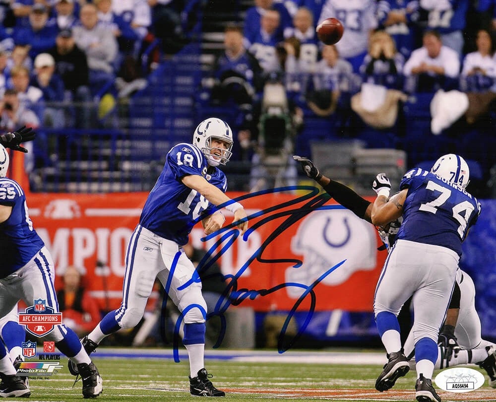 Peyton Manning Signed Colts Blue Jersey Action 8x10 Photo with JSA COA: Peyton Manning Signed Colts Blue Jersey Action 8x10 Photo with JSA COA Celebrate the legacy of Peyton Manning with this signed Indianapolis Colts blue jersey passing action 8x10 photo. This original p