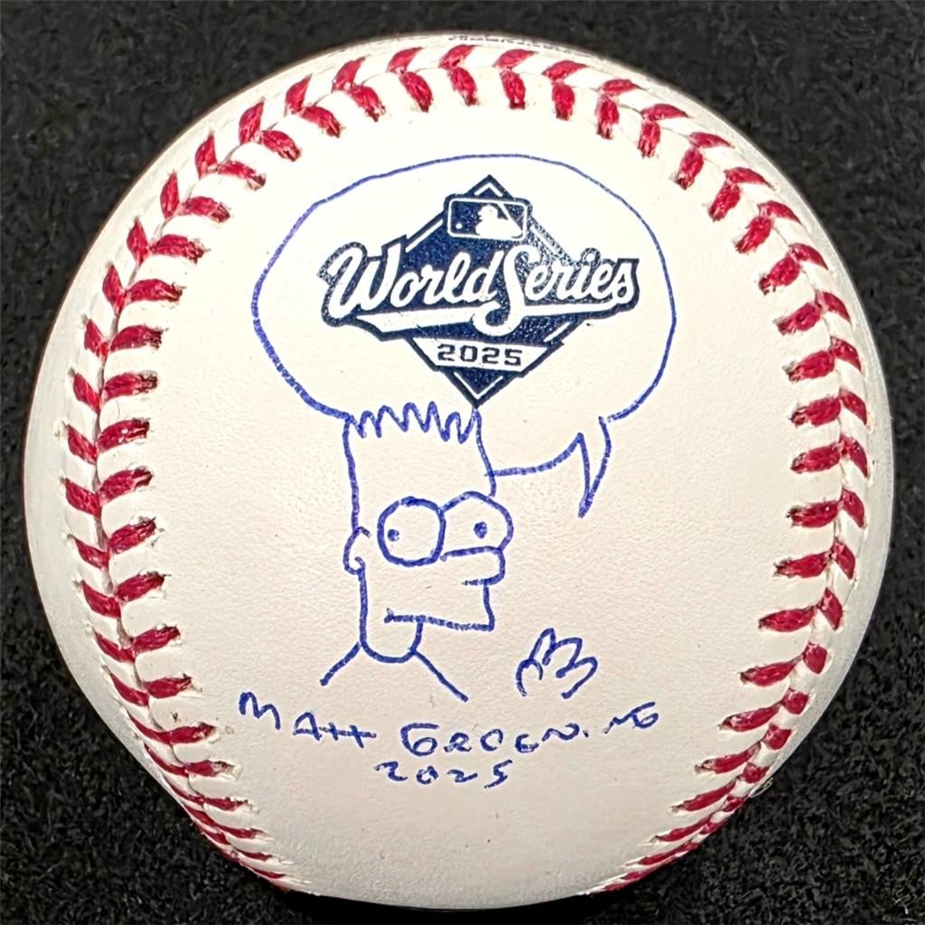 JSA Matt Groening autographed World Series baseball with Bart Simpson sketch: JSA Matt Groening autographed World Series baseball with Bart Simpson sketch Original baseball featuring a Bart sketch and a Matt Groening signature, as stated in the title. This pre-owned piece is an