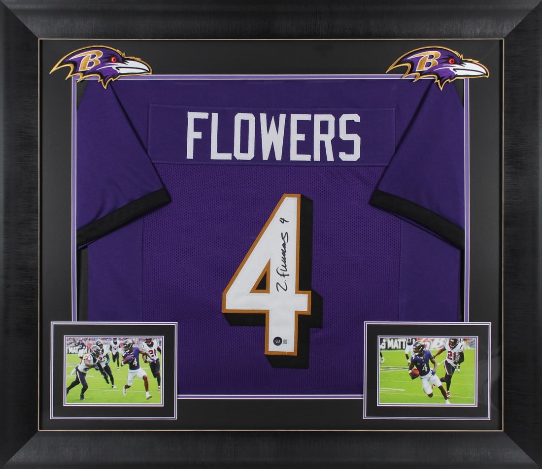 Framed Zay Flowers Signed Purple Jersey With Beckett Authentication: Framed Zay Flowers Signed Purple Jersey With Beckett Authentication This professionally framed, purple Pro Style jersey has been personally signed by Zay Flowers of the Baltimore Ravens. The jersey is