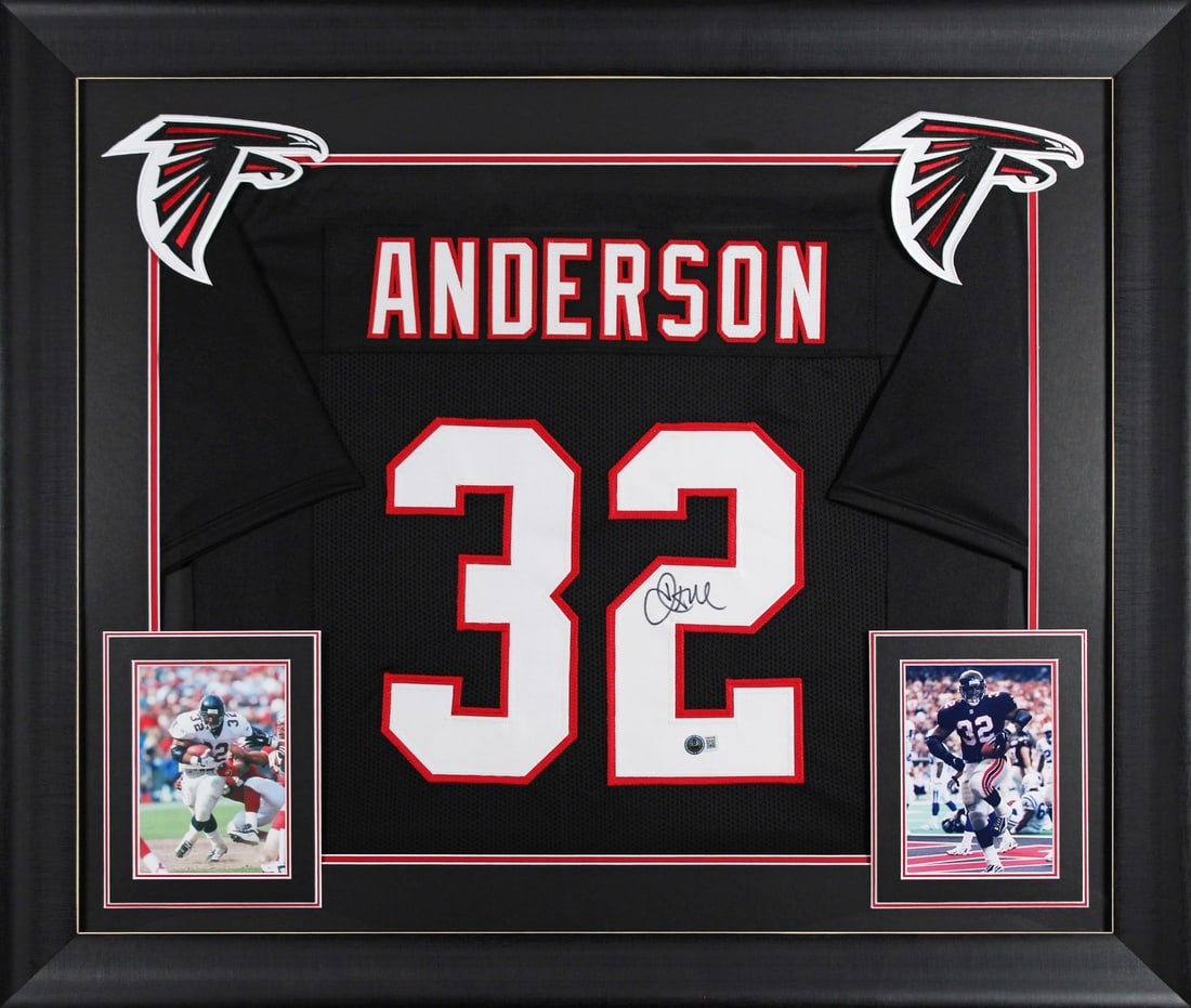 Framed Jamal Anderson signed black jersey Beckett witnessed: Framed Jamal Anderson signed black jersey Beckett witnessed This is an original autographed black pro style framed jersey personally signed by Jamal Anderson of the Atlanta Falcons. It is a BAS Witnes