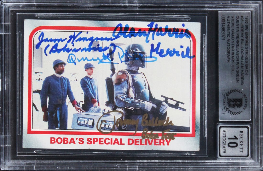 1980 Star Wars Card #252 Signed by Four Cast Members Beckett Auto 10 Slab: 1980 Star Wars Card #252 Signed by Four Cast Members Beckett Auto 10 Slab This 1980 Star Wars: The Empire Strikes Back #252 trading card has been personally signed by Jeremy Bulloch, Alan Harris, Quen