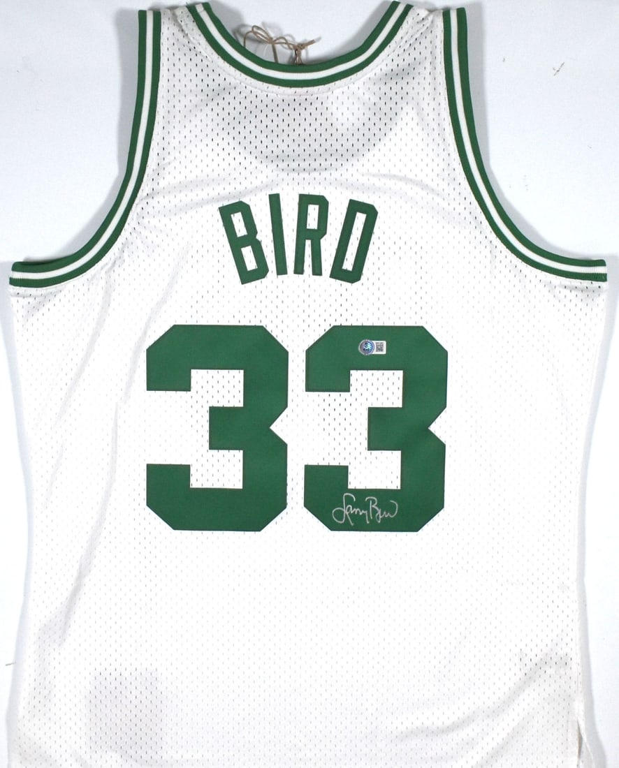 Larry Bird signed Boston Celtics Mitchell Ness white jersey Beckett hologram: Larry Bird signed Boston Celtics Mitchell Ness white jersey Beckett hologram This is a pre-owned white Mitchell & Ness Boston Celtics jersey autographed by Larry Bird. The jersey includes a Beckett W 