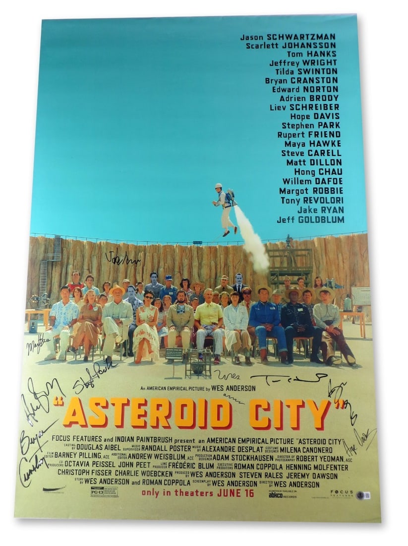 Asteroid City 27x40 Cast Signed Poster Beckett Authentication: Asteroid City 27x40 Cast Signed Poster Beckett Authentication This is an original 27x40-inch poster for the film "Asteroid City," autographed by multiple cast members. The signatures include Tom Hanks
