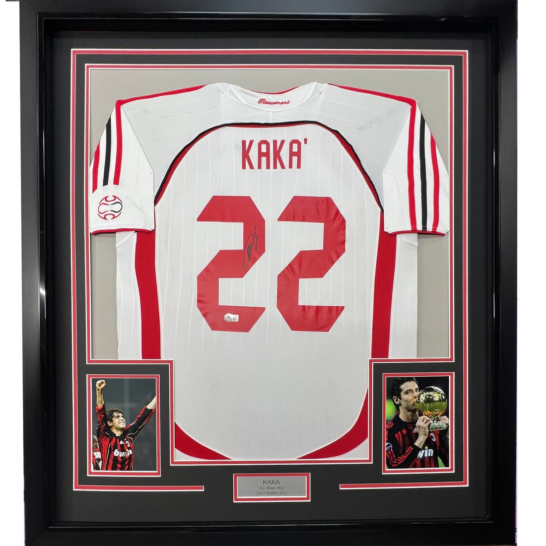Framed Signed Ricardo Kaka AC Milan Jersey with BAS COA: Framed Signed Ricardo Kaka AC Milan Jersey with BAS COA This framed autographed jersey features the signature of renowned athlete Ricardo Kaka, showcasing his affiliation with AC Milan. The jersey is 