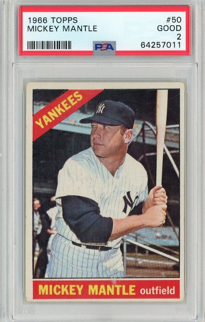 PSA 2 1966 Topps Mickey Mantle #50 Yankees Card: PSA 2 1966 Topps Mickey Mantle #50 Yankees Card This 1966 Topps Mickey Mantle #50 baseball card features the legendary New York Yankees player. The card is professionally graded and encapsulated by Pr