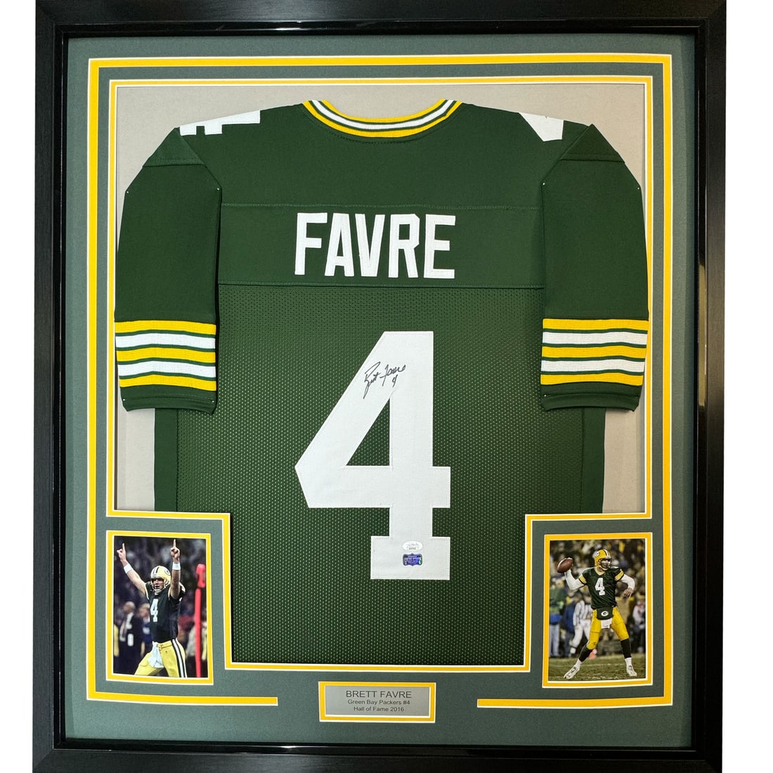 Framed Autographed Brett Favre Green Bay Jersey with JSA COA 35x39: Framed Autographed Brett Favre Green Bay Jersey with JSA COA 35x39 Celebrate the legacy of NFL great Brett Favre with this professionally framed and matted autographed Green Bay Packers jersey. This e