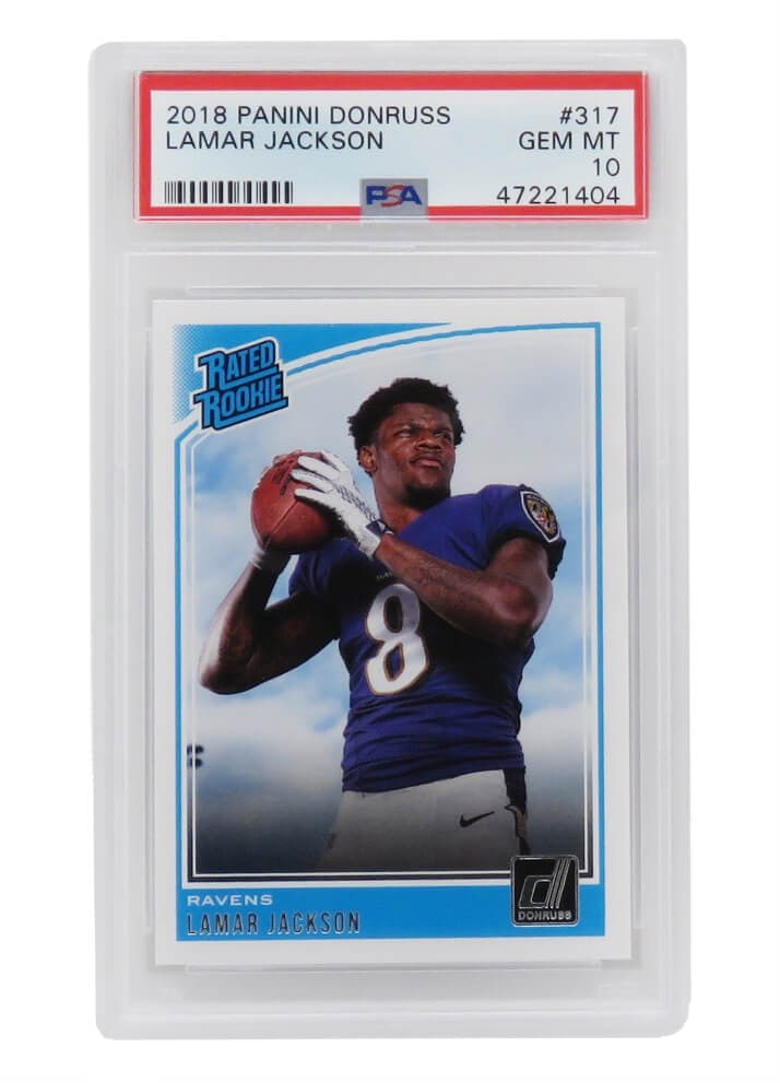 Lamar Jackson 2018 Panini Donruss RC #317 PSA 10 Gem Mint Football Card: Lamar Jackson 2018 Panini Donruss RC #317 PSA 10 Gem Mint Football Card This listing features a Lamar Jackson rookie card from the 2018 Panini Donruss Football set, card number 317. Graded PSA 10 GEM 