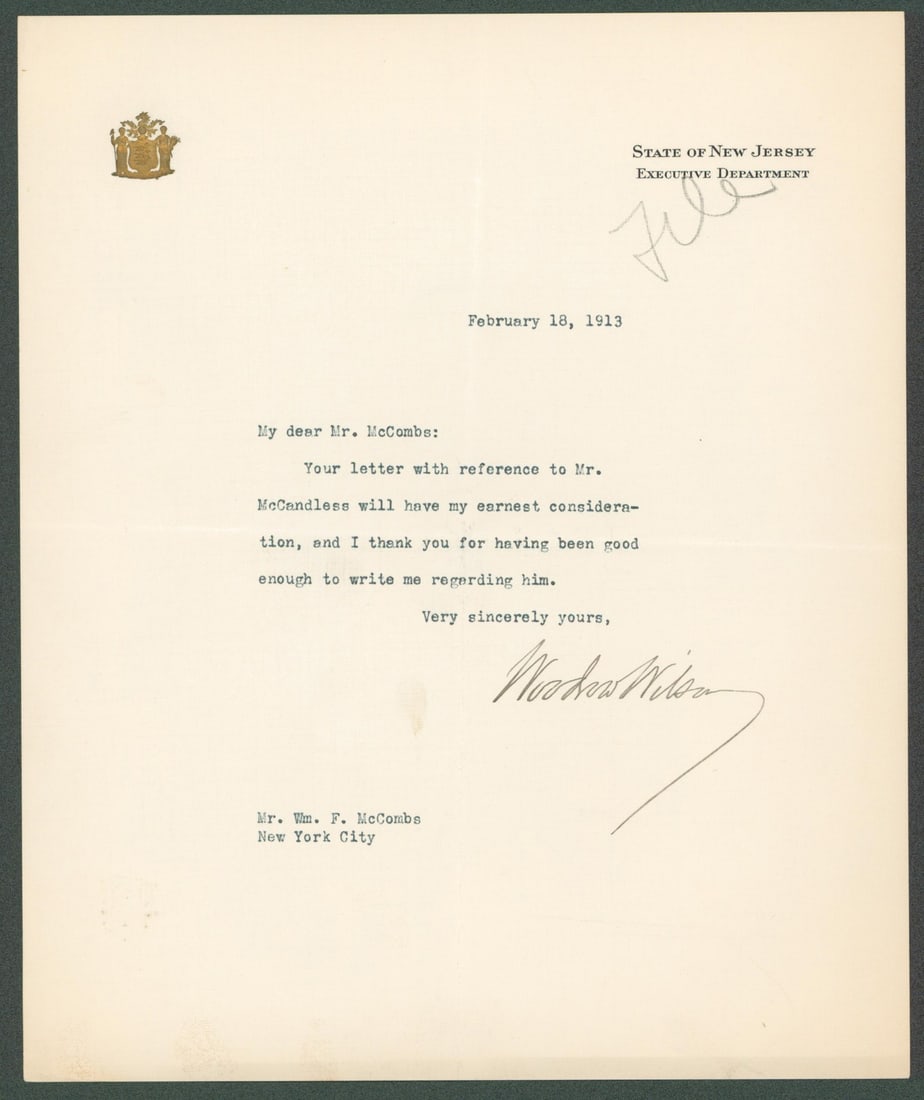 Woodrow Wilson Signed Letter 7.85x9.5 February 18 1913 Beckett COA: Woodrow Wilson Signed Letter 7.85x9.5 February 18 1913 Beckett COA This authentic letter, dated February 18, 1913, measures 7.85x9.5 inches and features the signature of Woodrow Wilson, the 28th Presi