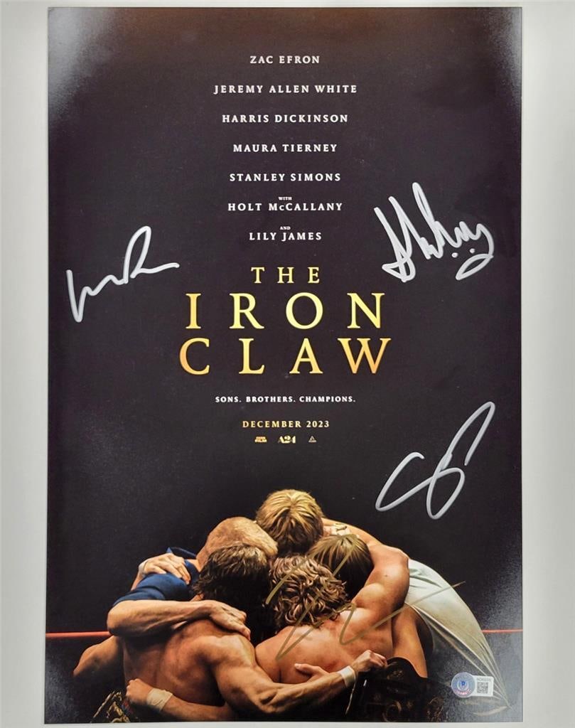 The Iron Claw Signed 12x18 Photo by Cast White Simons Dickinson Durkin BAS: The Iron Claw Signed 12x18 Photo by Cast White Simons Dickinson Durkin BAS This 12x18 photograph features the cast of the movie "The Iron Claw" and is signed by four notable actors: White, Simons, Dic