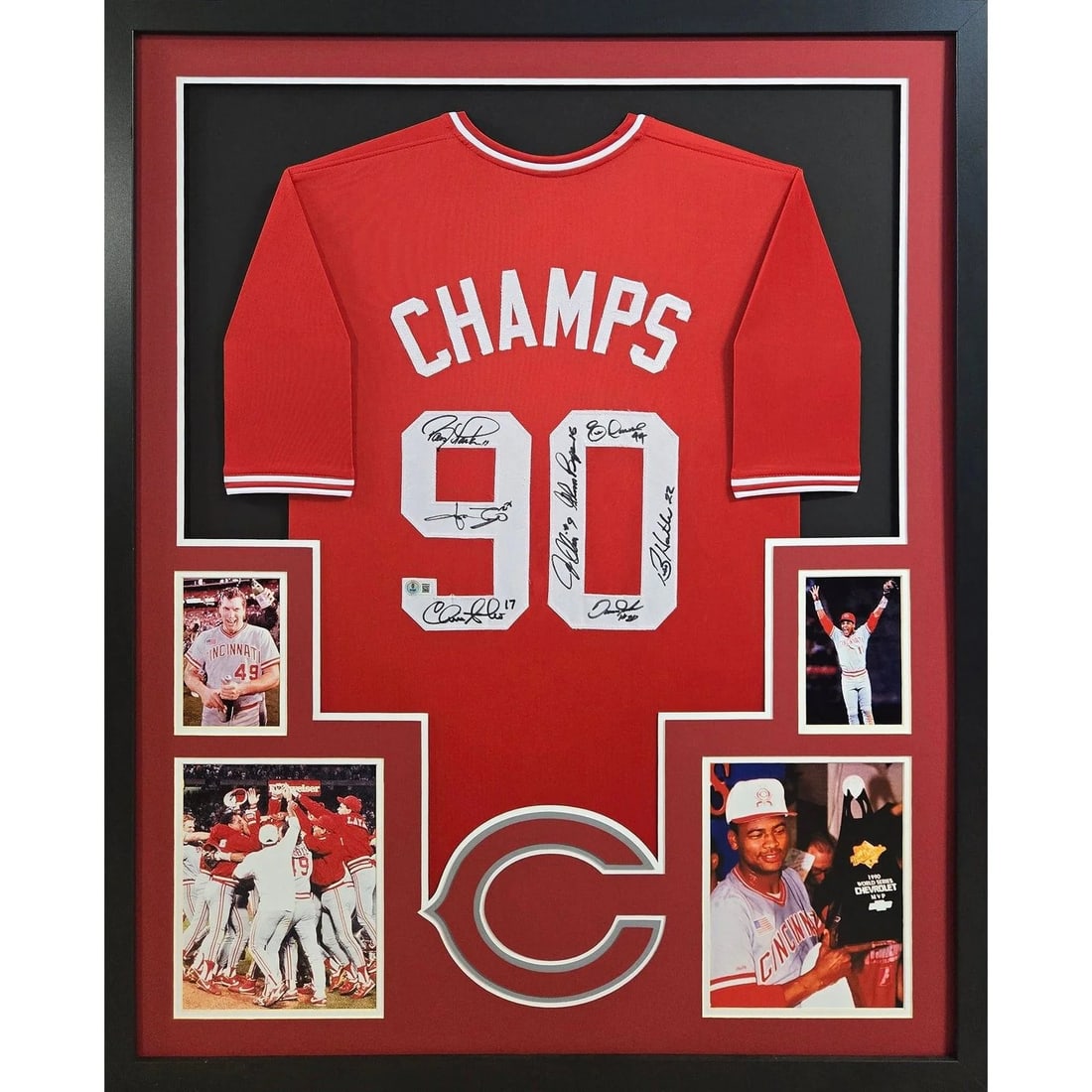 Cincinnati Reds 1990 Champions Signed Framed Jersey Beckett Authenticated: Cincinnati Reds 1990 Champions Signed Framed Jersey Beckett Authenticated Celebrate the Cincinnati Reds' 1990 Championship with this signed and framed jersey, featuring the autographs of eight team me