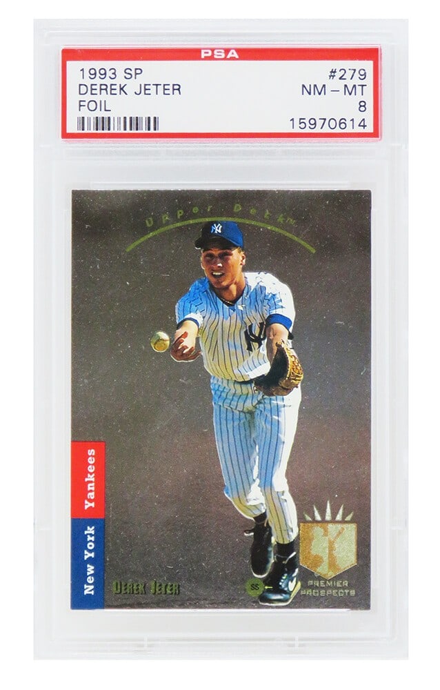 Derek Jeter 1993 SP Foil Rookie Card #279 PSA 8 NM-MT Yankees: Derek Jeter 1993 SP Foil Rookie Card #279 PSA 8 NM-MT Yankees This is a Derek Jeter 1993 SP Foil baseball rookie trading card #279, encapsulated and graded NM-MT (Near Mint-Mint) 8 by PSA. A must-have
