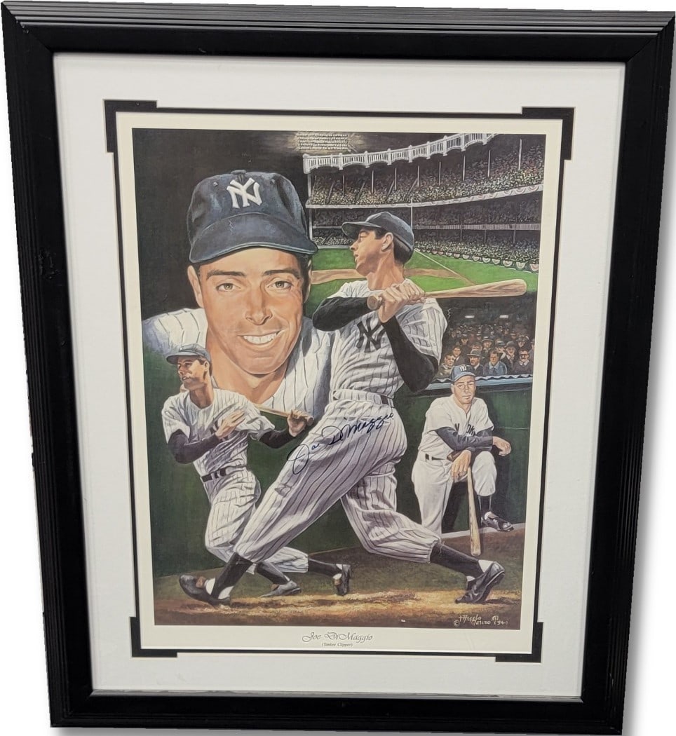 Joe DiMaggio Autographed 18x24 Lithograph Framed New York Yankees: Joe DiMaggio Autographed 18x24 Lithograph Framed New York Yankees This striking 18x24 lithograph features the legendary Joe Dimaggio, a celebrated player of the New York Yankees. The piece is framed a