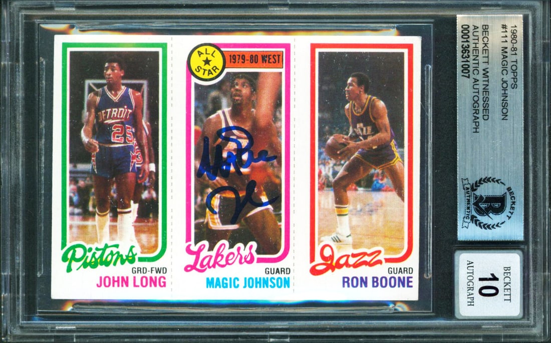 Magic Johnson Signed 1980 Topps #111 Card Gem Mint 10 BAS Slabbed: Magic Johnson Signed 1980 Topps #111 Card Gem Mint 10 BAS Slabbed This 1980 Topps #111 card features a stunning autograph from Magic Johnson, the legendary player of the Los Angeles Lakers. Graded as 