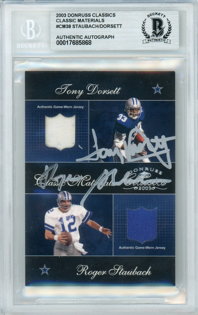 Dual Autographed Staubach Dorsett Game Used Card 2003 Donruss Classics #CM38 /100: Dual Autographed Staubach Dorsett Game Used Card 2003 Donruss Classics #CM38 /100 This 2003 Donruss Classics Classic Materials #CM38 trading card features Roger Staubach and Tony Dorsett of the Dallas