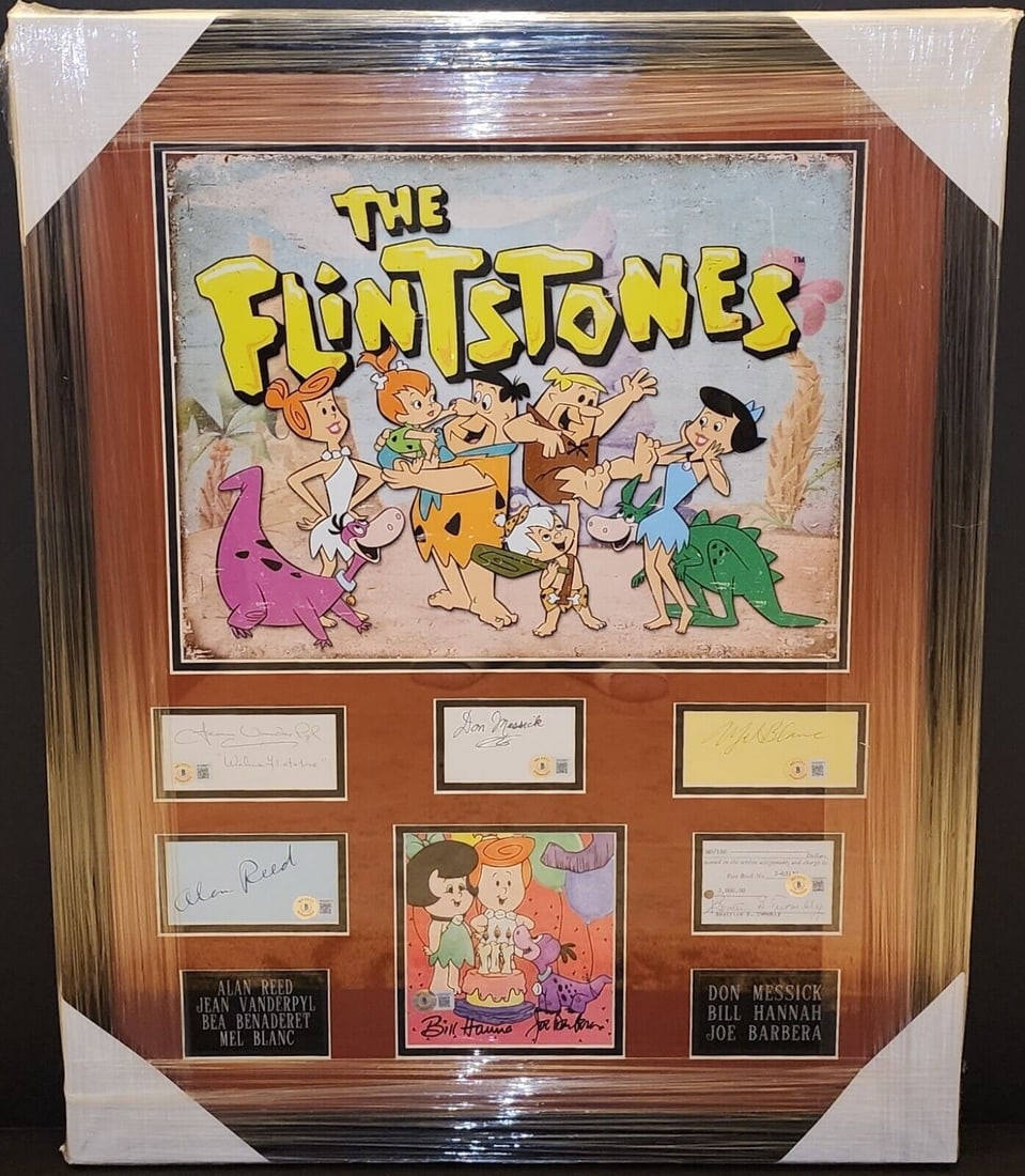 Framed Flintstones Cast Autograph Collage With Photo Beckett Authenticated: Framed Flintstones Cast Autograph Collage With Photo Beckett Authenticated This custom framed photo collage features autographed cuts from the cast of The Flintstones, including Alan Reed, Jean Vander
