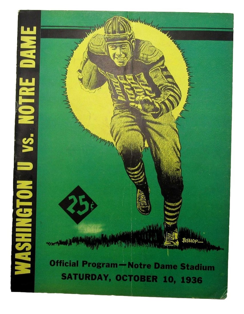 1936 Washington U vs Notre Dame NCAA Football Game Program: 1936 Washington U vs Notre Dame NCAA Football Game Program This is an original program from the NCAA football game held on October 10, 1936, featuring Washington University versus Notre Dame. The prog